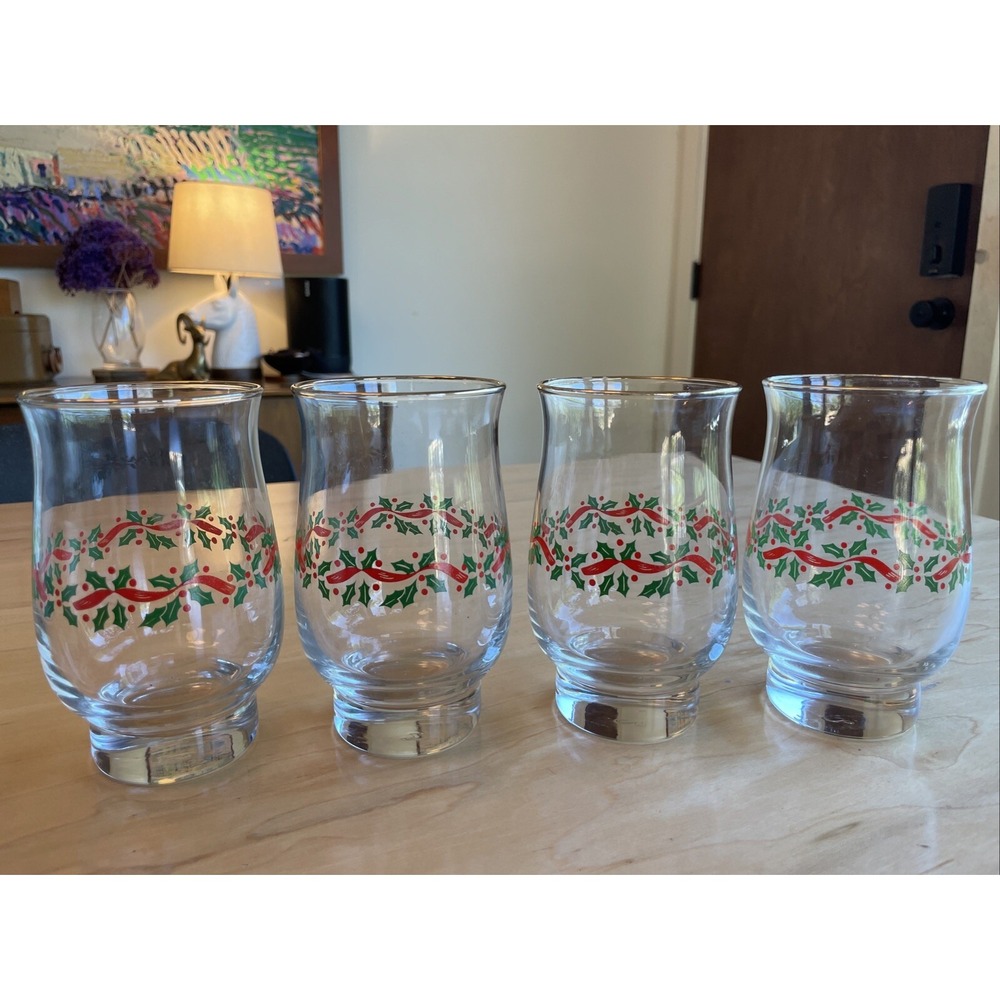 LOT OF 4 VINTAGE LIBBEY ARBY'S HOLLY RIBBONS GLASS TUMBLERS 5 1/4" Christmas Cup